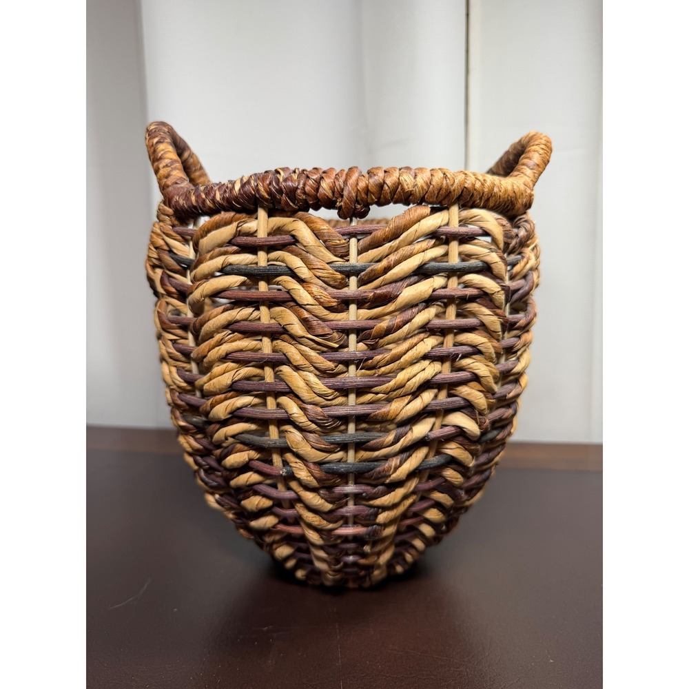 Hand Woven Wicker Basket with Handles Brown Tan Chevron Decorative Storage